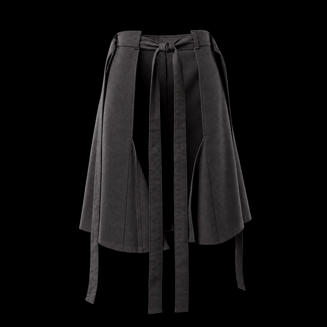 Gray modular wrap skirt with long ties knotted at the waist, front view on black