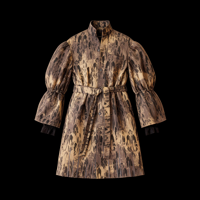 Mid length belted coat with tall collar, puffed sleeves and faded floral print on a black ground