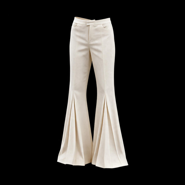 Warm ivory high waisted flared trousers with a wide swept hem, front view