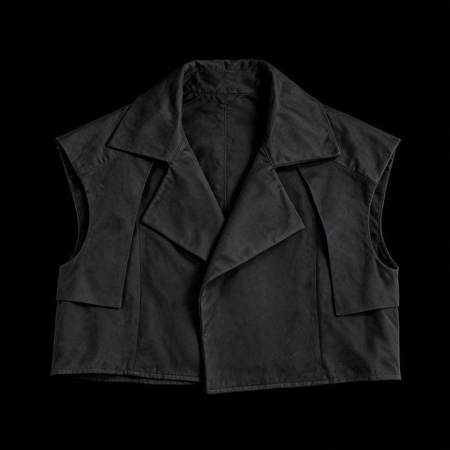 Black cropped sleeveless vest jacket with an oversized pointed lapel, open front and deep armholes