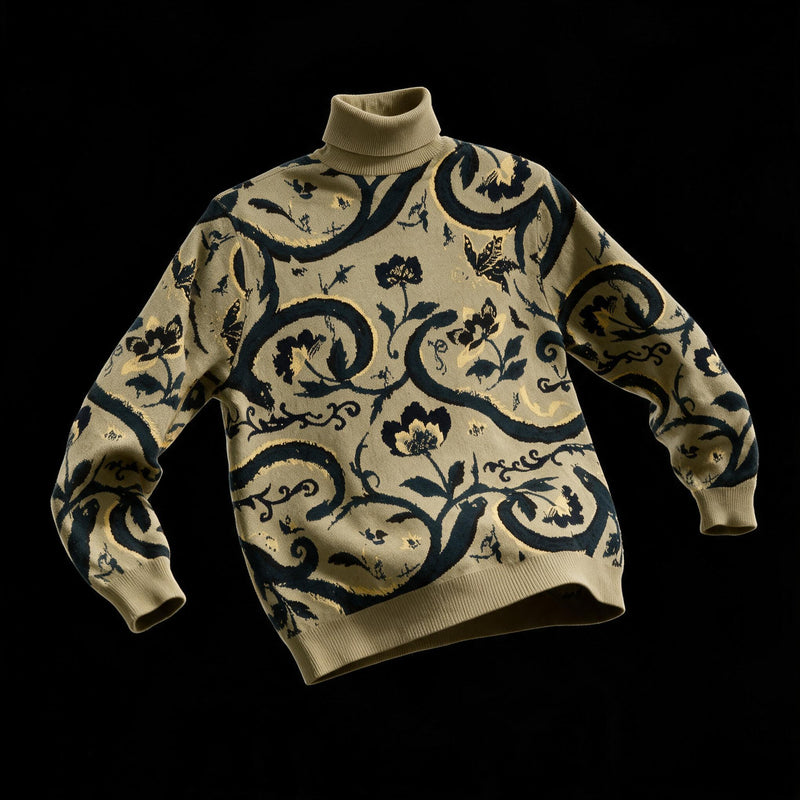 Jacquard turtleneck sweater in sage with scrolling navy and mustard floral pattern