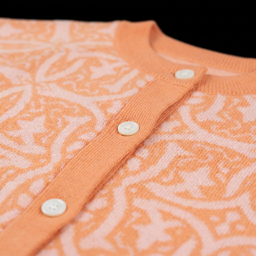 Close view of jacquard cardigan collar and pale buttons on ribbed placket