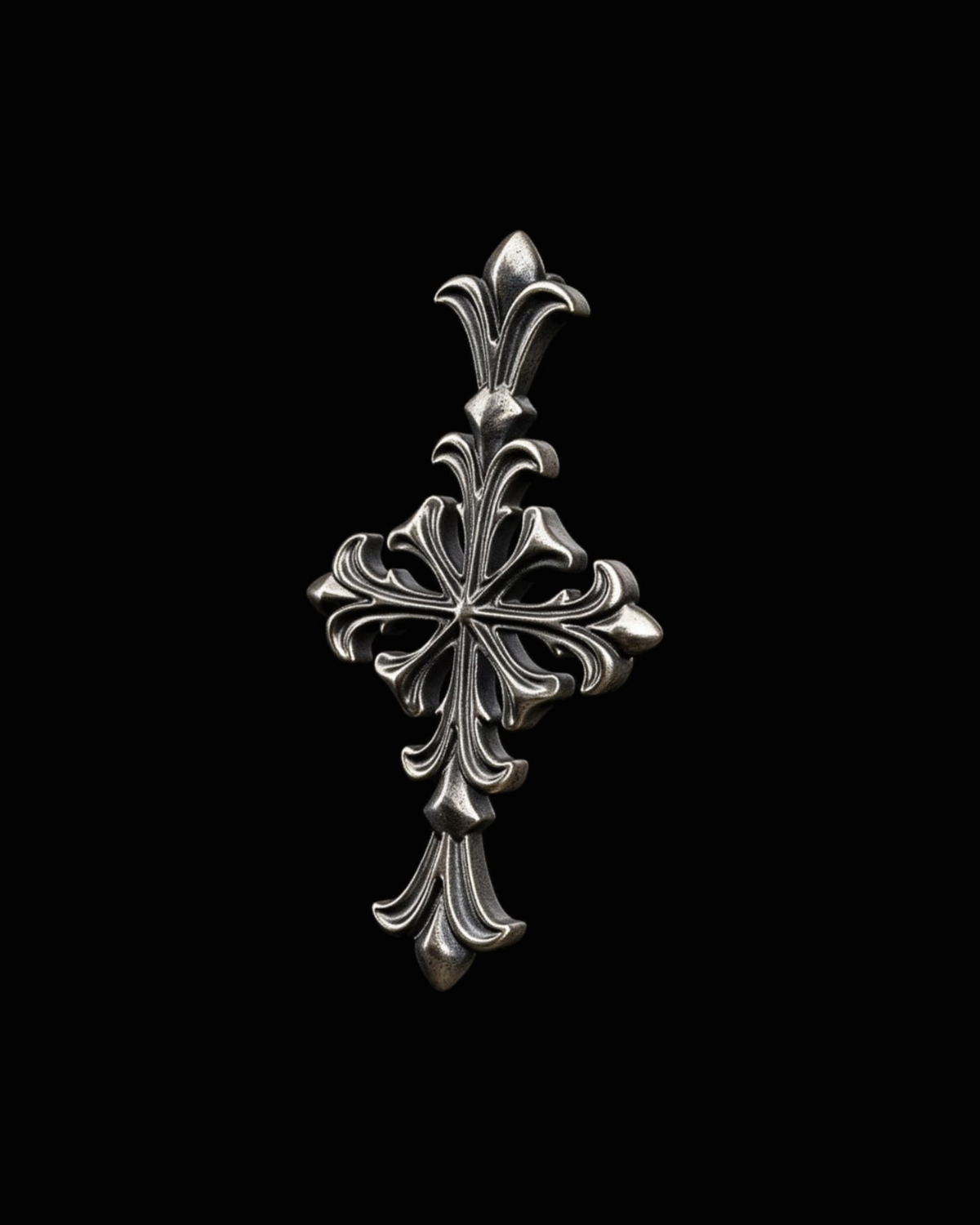 Sterling silver otherworldly gothic cross pendant with fleur de lis scrollwork and antiqued recesses