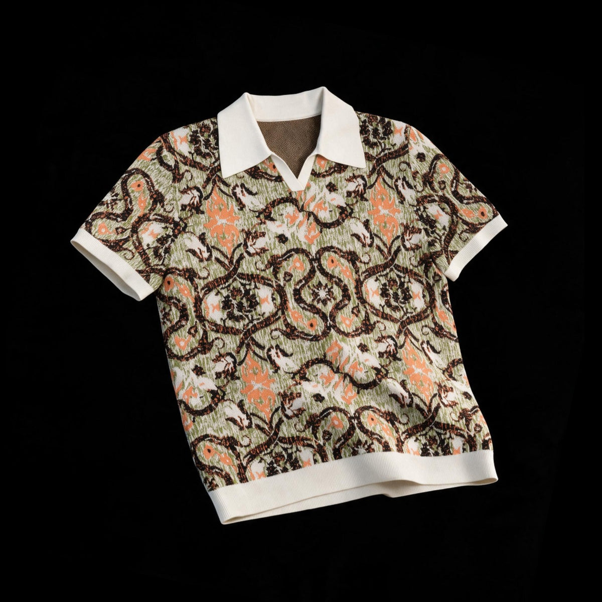 Short sleeve cotton polo with allover floral jacquard in olive, peach and brown and ivory ribbed trim