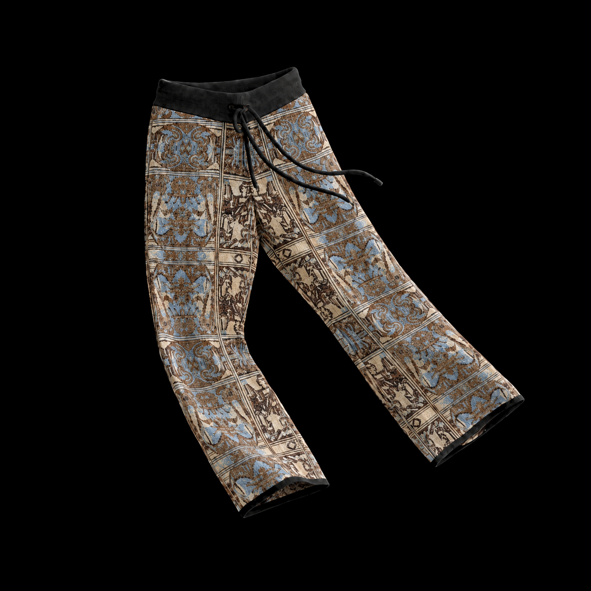 Wide leg jacquard knit trousers in brown, dusty blue and cream with a medieval figural tile pattern