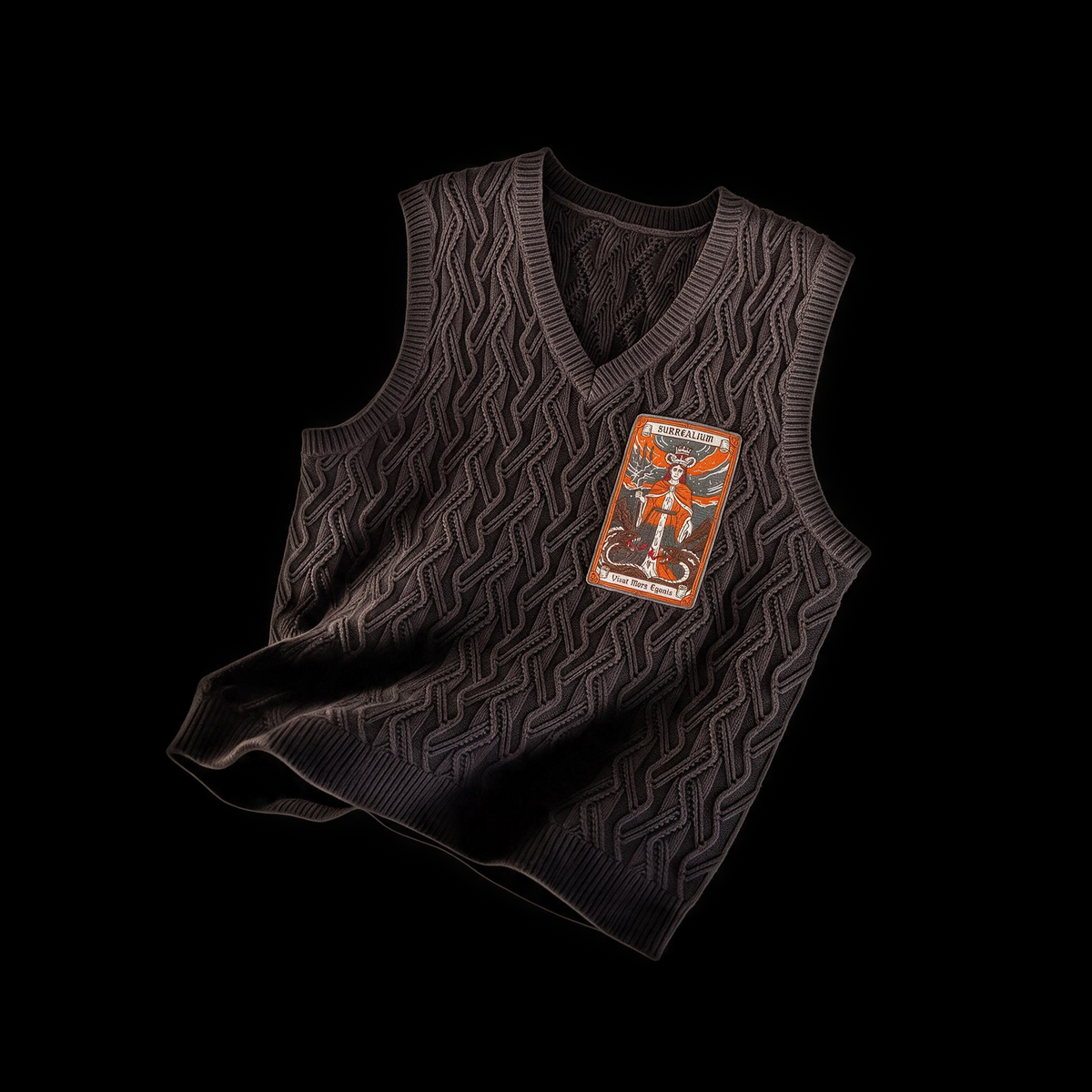 Charcoal cable knit V neck sweater vest with an embroidered otherworldly gothic tarot card at the chest