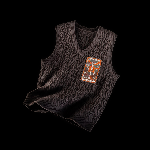 Charcoal cable knit V neck sweater vest with an embroidered otherworldly gothic tarot card at the chest
