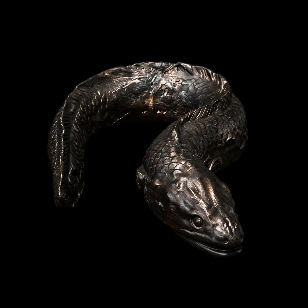 Coiled eel sculpture with lifted head, dark bronze tone with coppery depth, on black