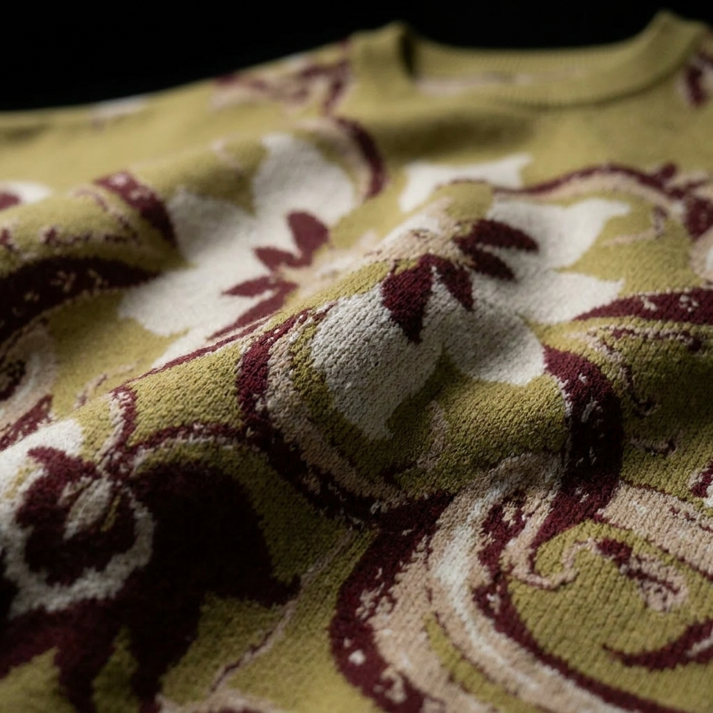 Close view of the jacquard knit texture with scrolling floral vines in olive, burgundy and cream