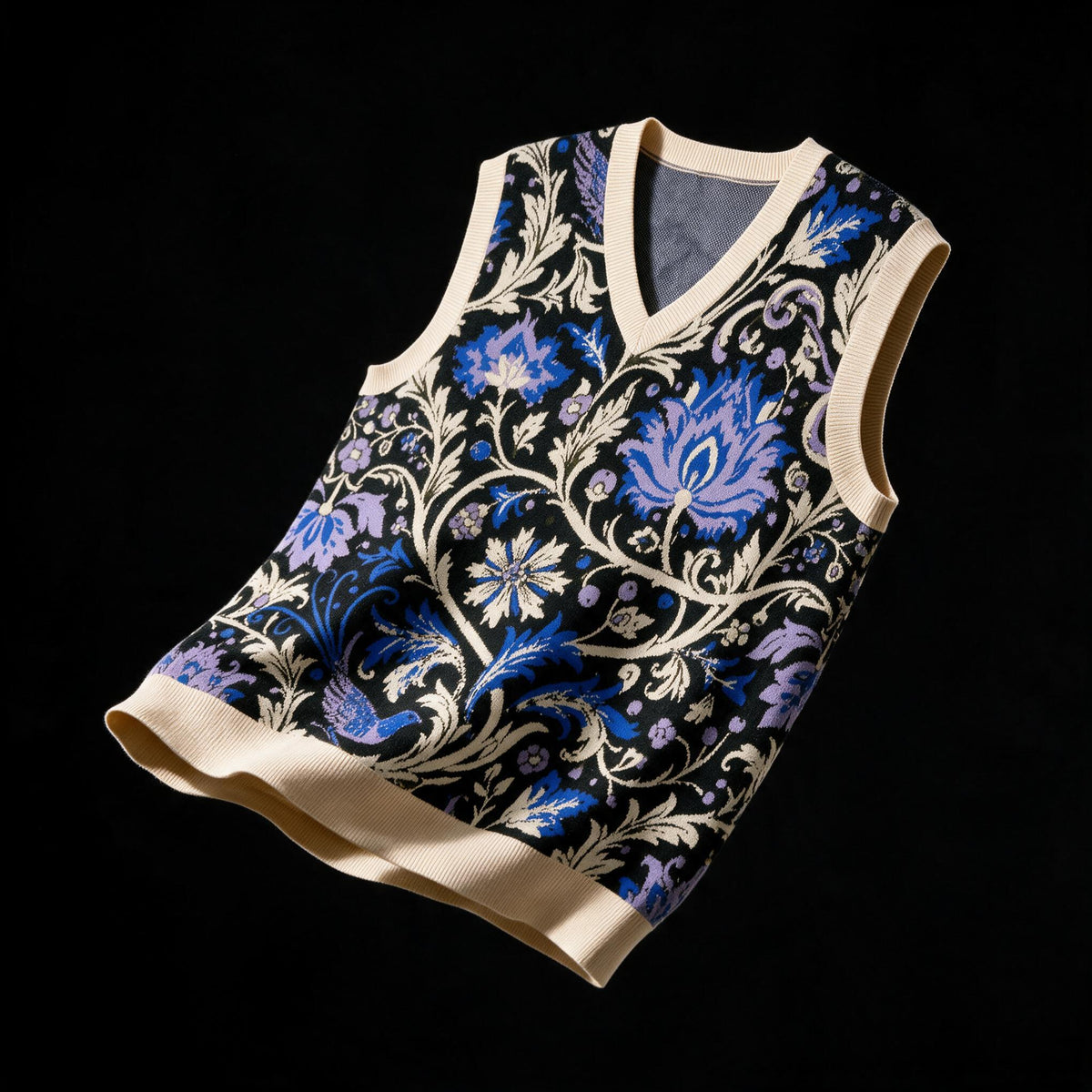 Sleeveless V neck jacquard sweater vest with bold blue and periwinkle floral pattern on black, ivory ribbed trim