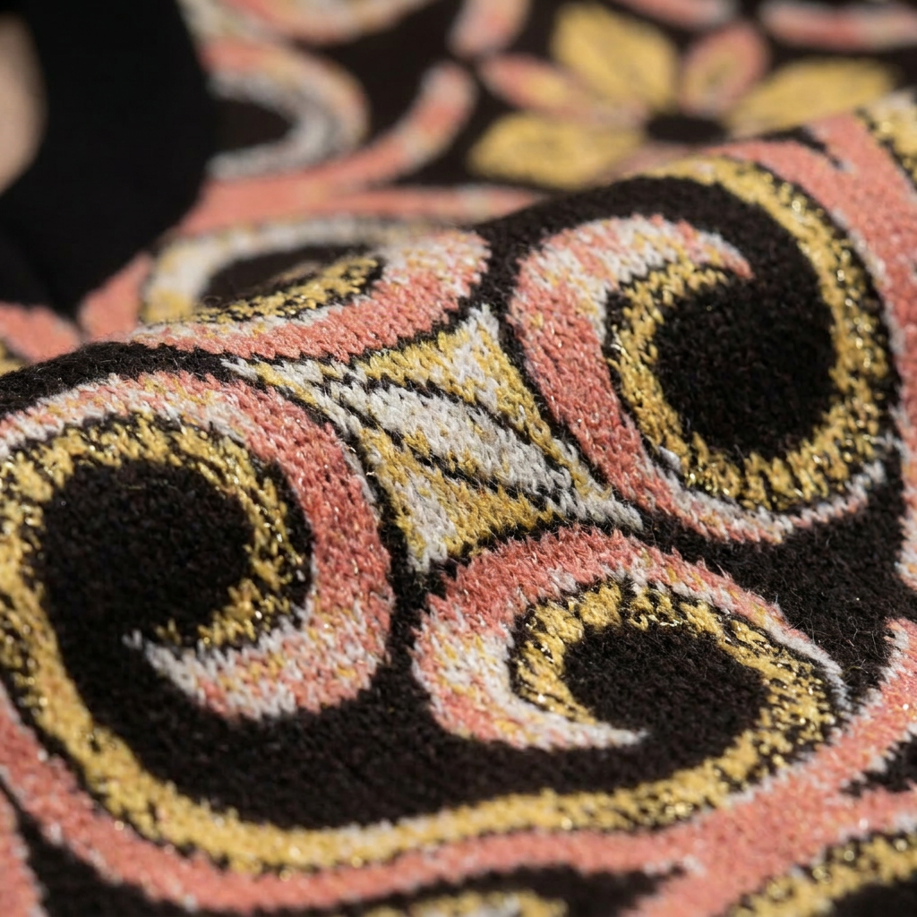 Close up of otherworldly gothic jacquard knit in black, peach, mustard and off white scrolls