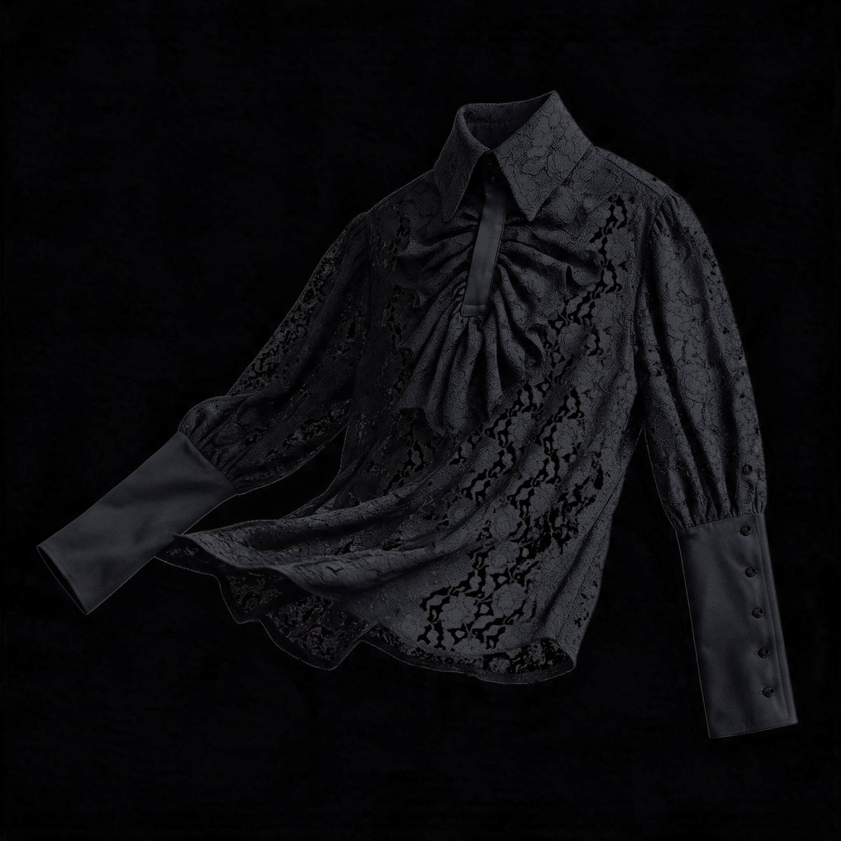 Black floral lace blouse with pointed collar, ruffle jabot and deep satin cuffs
