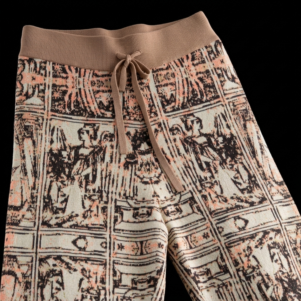 Waistband detail of jacquard knit trousers with ribbed taupe band and drawstring over a framed figural grid