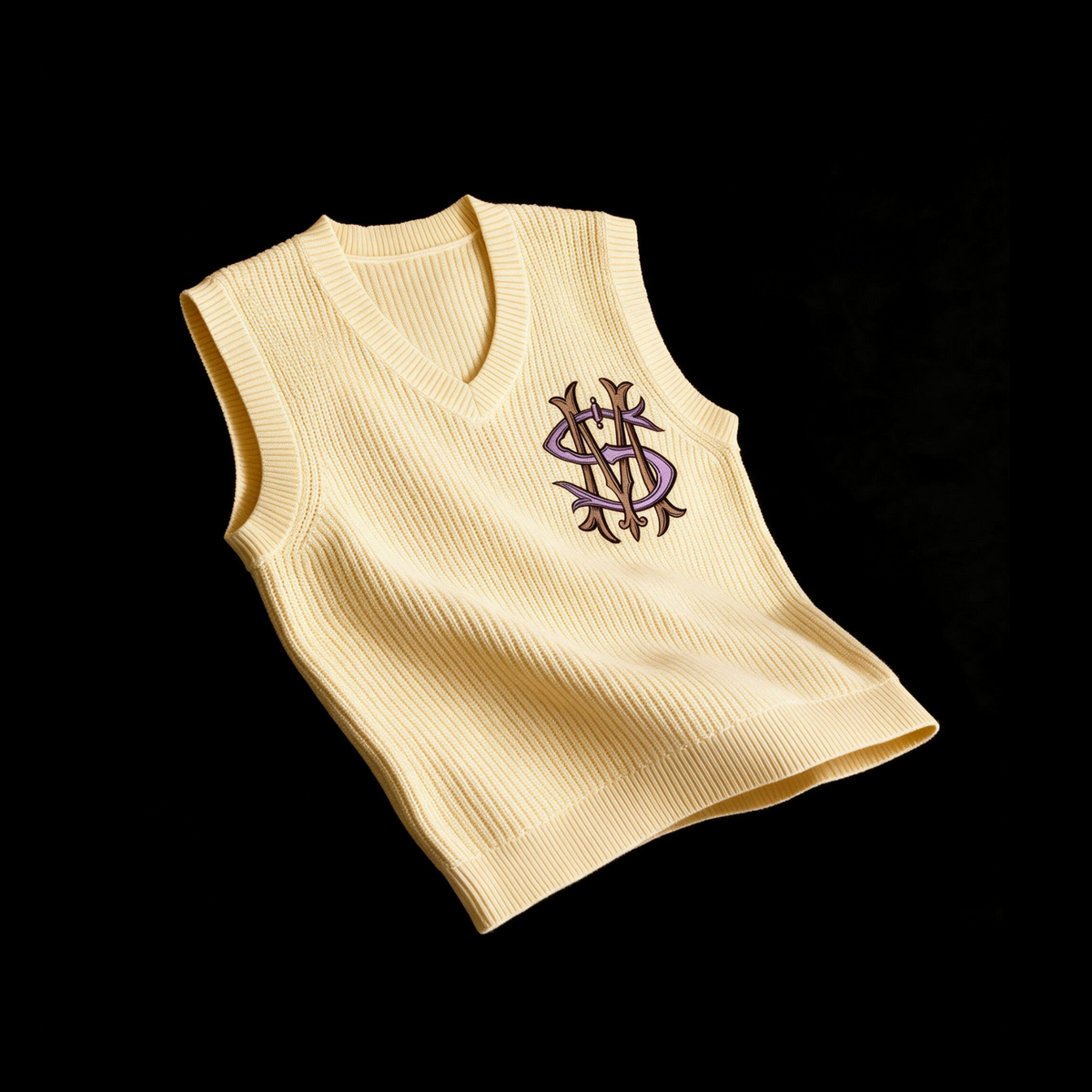 Butter yellow ribbed cotton sweater vest with a V neck and a mauve and taupe embroidered monogram at the chest