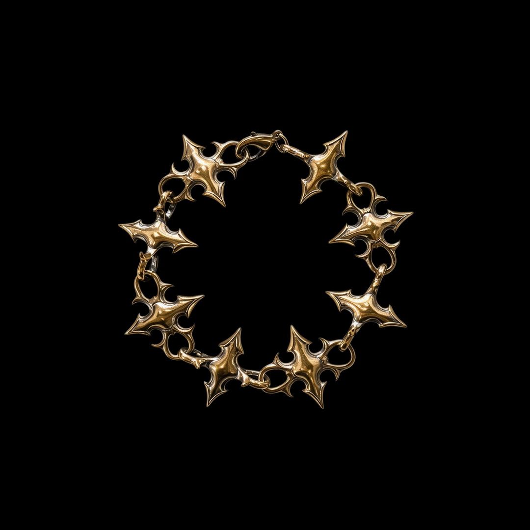 Brass bracelet of sculptural four point star links drawn to needle points, with a lobster clasp