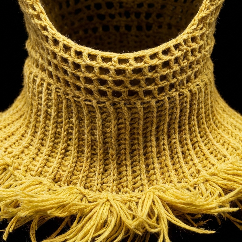 Close view of ribbed banding and fringed yarn trim on yellow balaclava