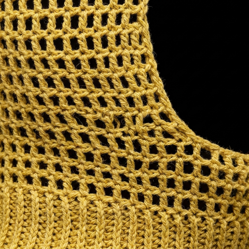 Detail of open mesh crochet stitch and yarn texture in yellow