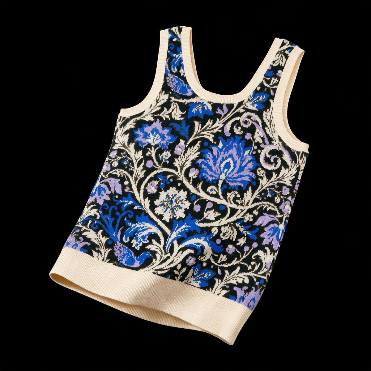 Sleeveless jacquard tank top with baroque florals in blue and lilac on black, ecru ribbed trim
