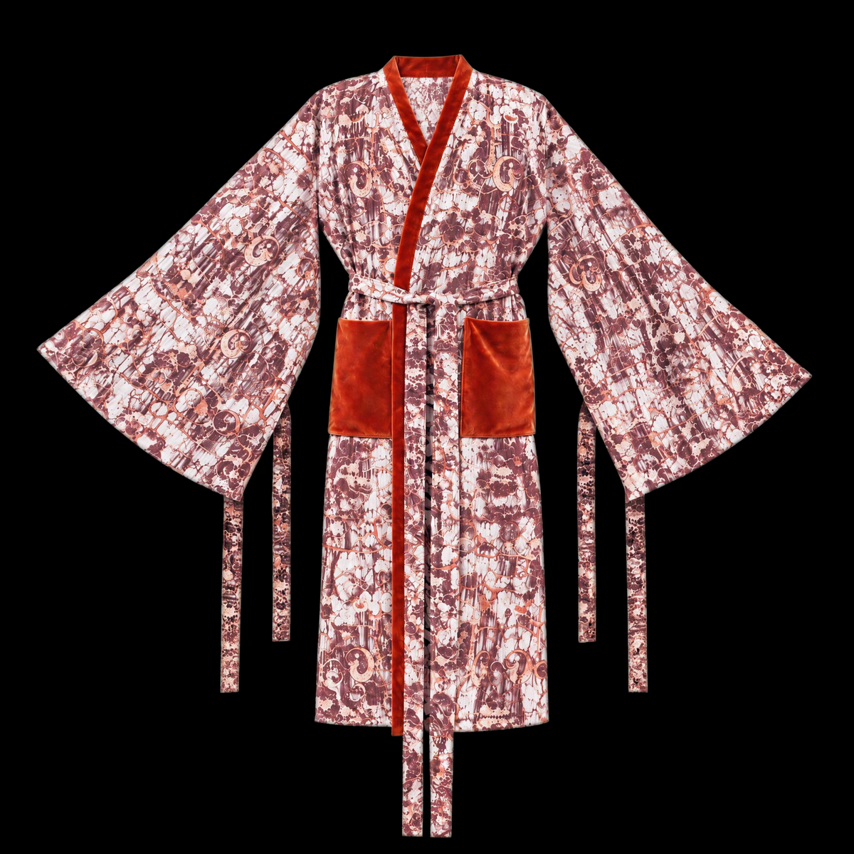 Long printed kimono robe with velvet collar, velvet hip pockets and wide bell sleeves, self tie belt