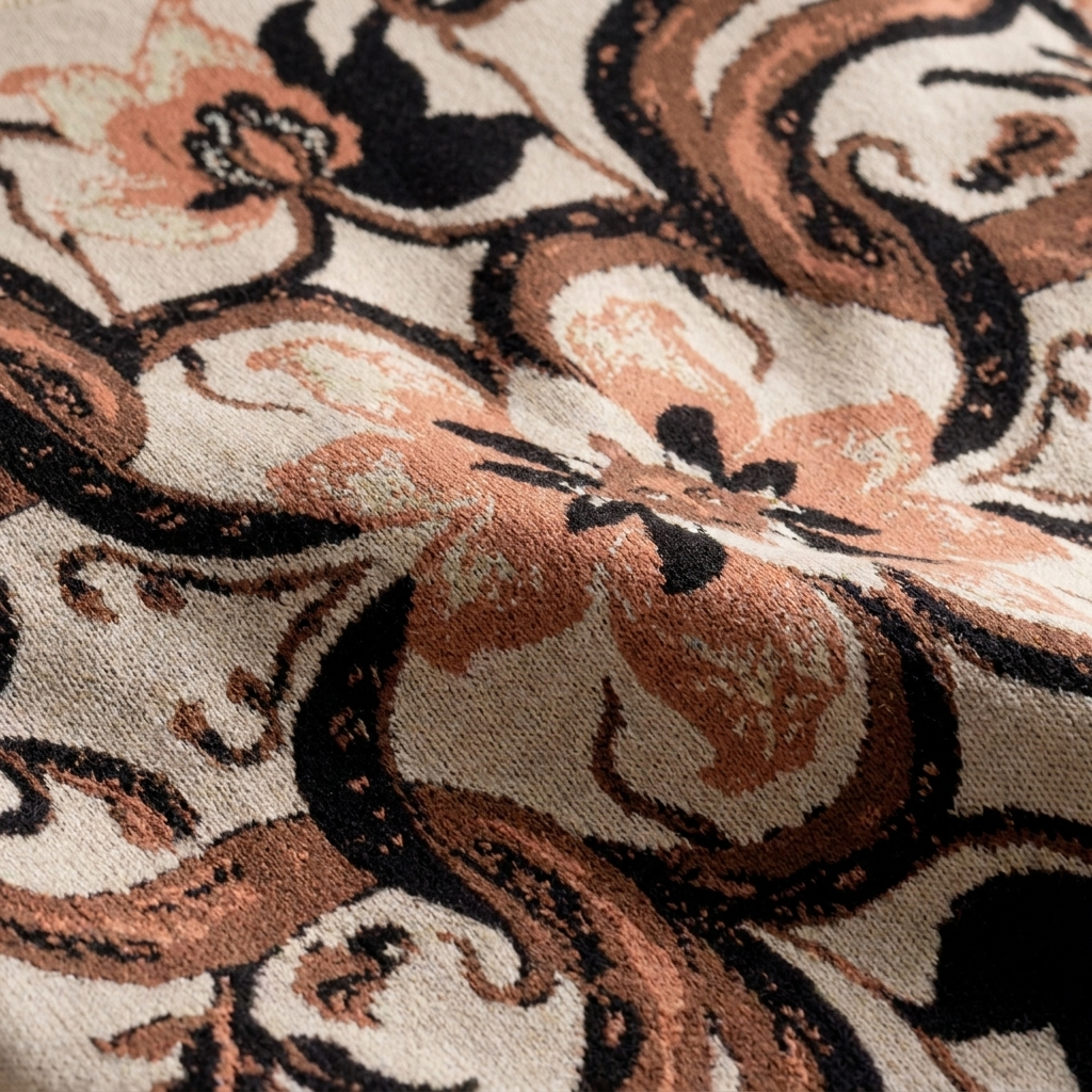 Close up of cotton jacquard knit showing scrolling vines and terracotta floral petals