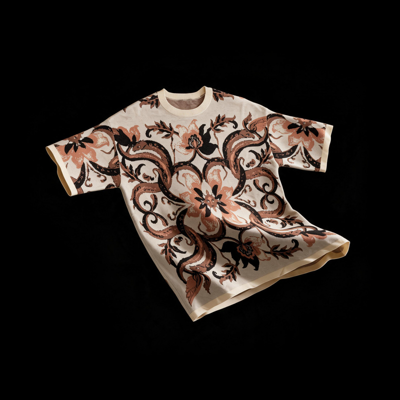 Boxy short sleeve jacquard knit top in cream with a surreal terracotta and brown floral motif