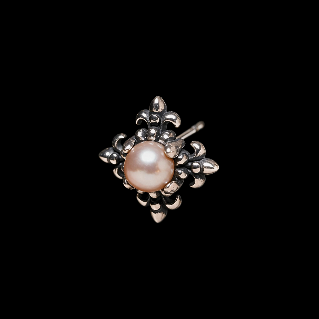 Single otherworldly gothic cross stud earring with a round blush center and silver tone fleur de lis arms
