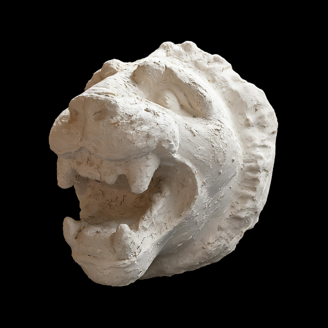 Pale plaster lion head sculpture caught in an open mouthed snarl on black