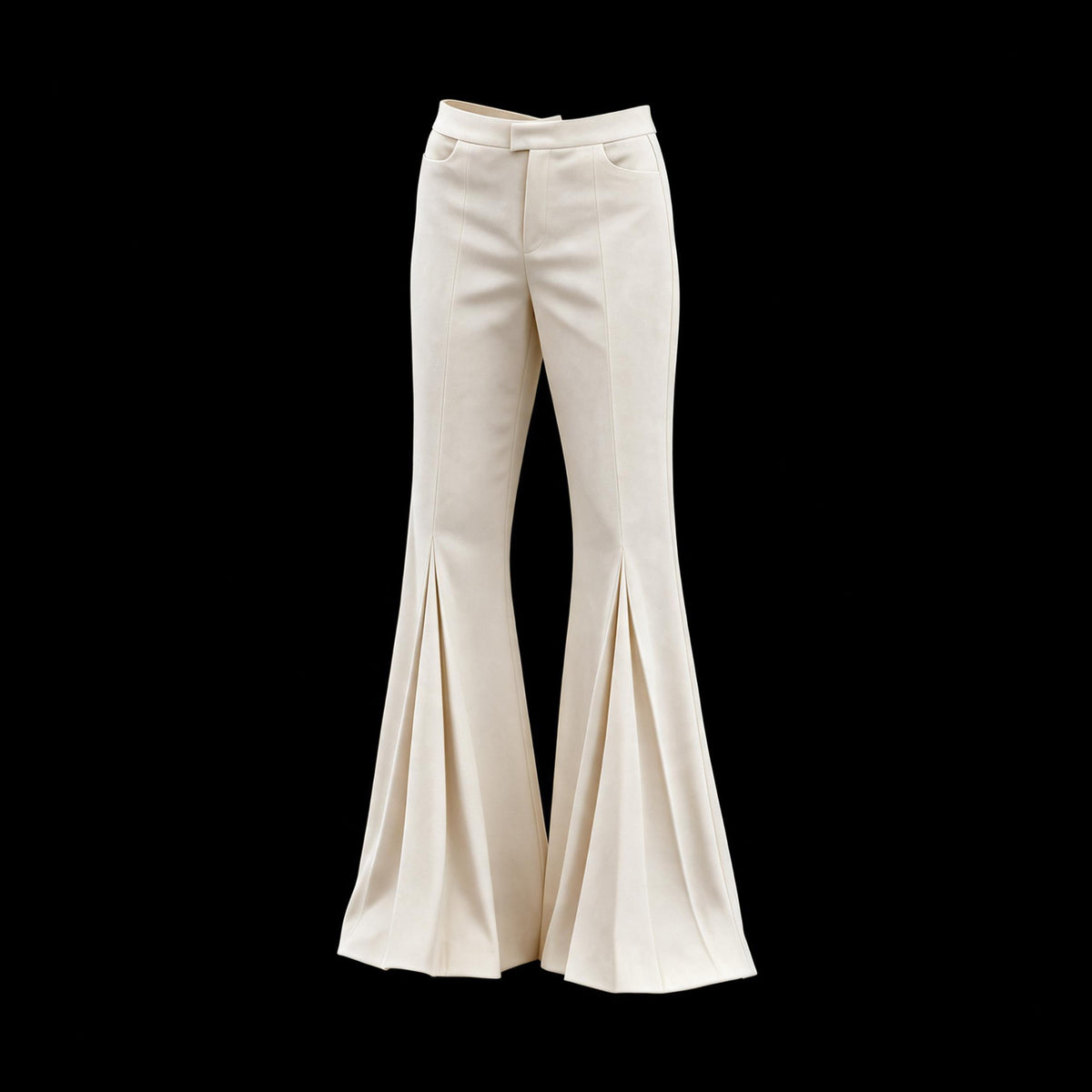 Warm ivory high waisted flared trousers with a wide swept hem, front view