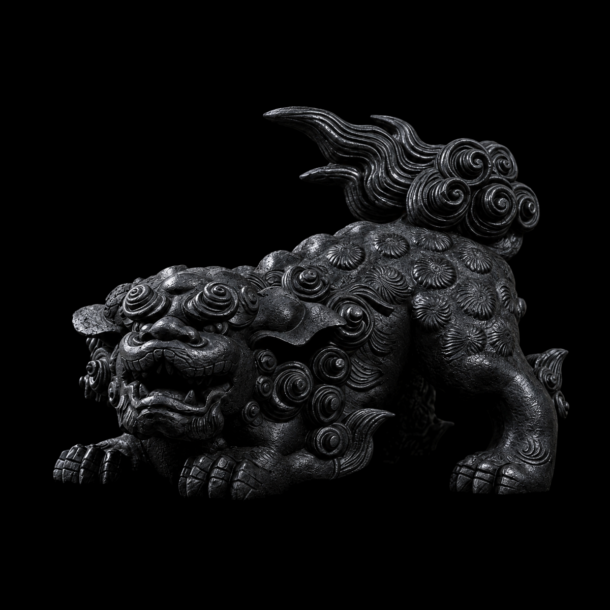 Matte black guardian lion sculpture crouched low with open jaw and spiral curl mane