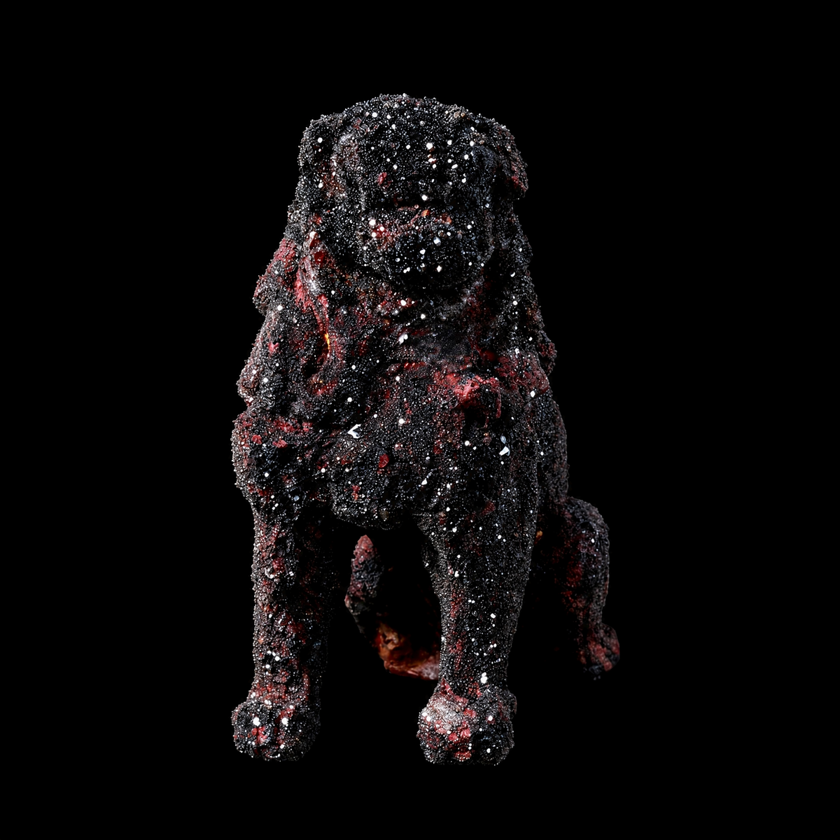 Seated guardian lion sculpture crusted in sparkling black obsidian over dark red, front view
