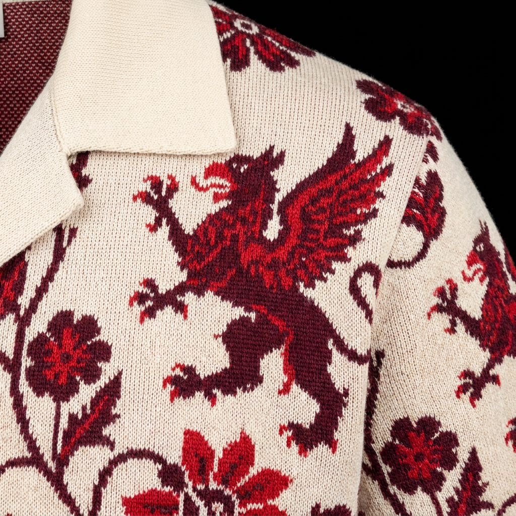 Close view of knit jacquard griffin and flowers on ivory ground beside ribbed camp collar