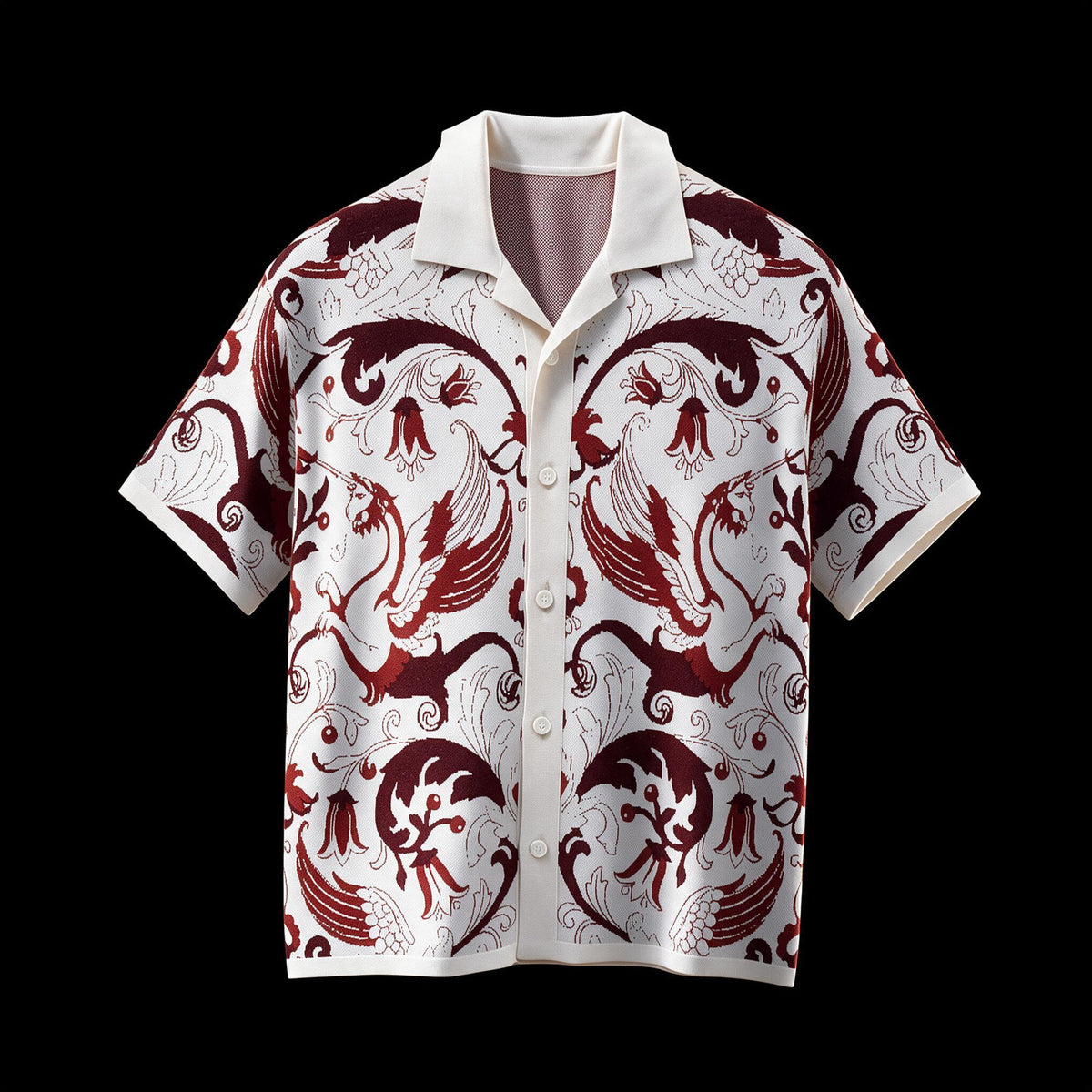 Ivory knit camp collar shirt with red and burgundy jacquard griffins, branches and bell flowers