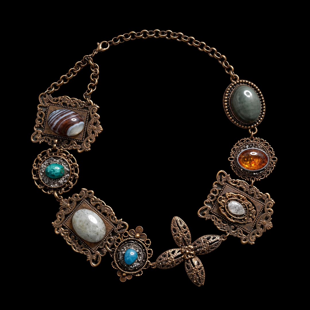 Bold gold tone collar necklace of ornate framed plaques, each set with a different polished cabochon
