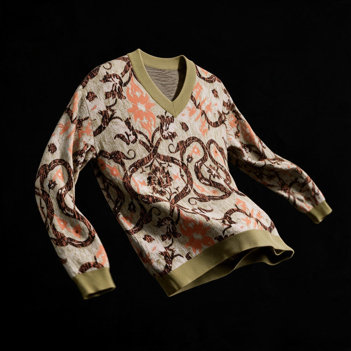 Avant garde V neck jacquard sweater with eels winding through flowers in peach, brown and olive