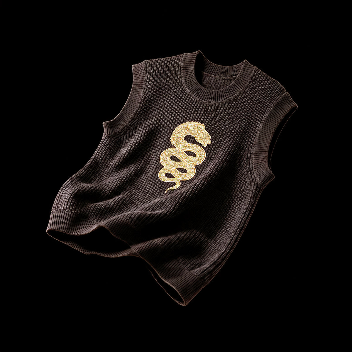 Dark brown ribbed cotton knit sweater vest with a coiled eel embroidered across the chest in gold tone thread