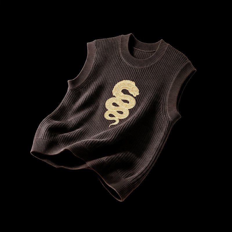 Dark brown ribbed cotton knit sweater vest with a coiled eel embroidered across the chest in gold tone thread