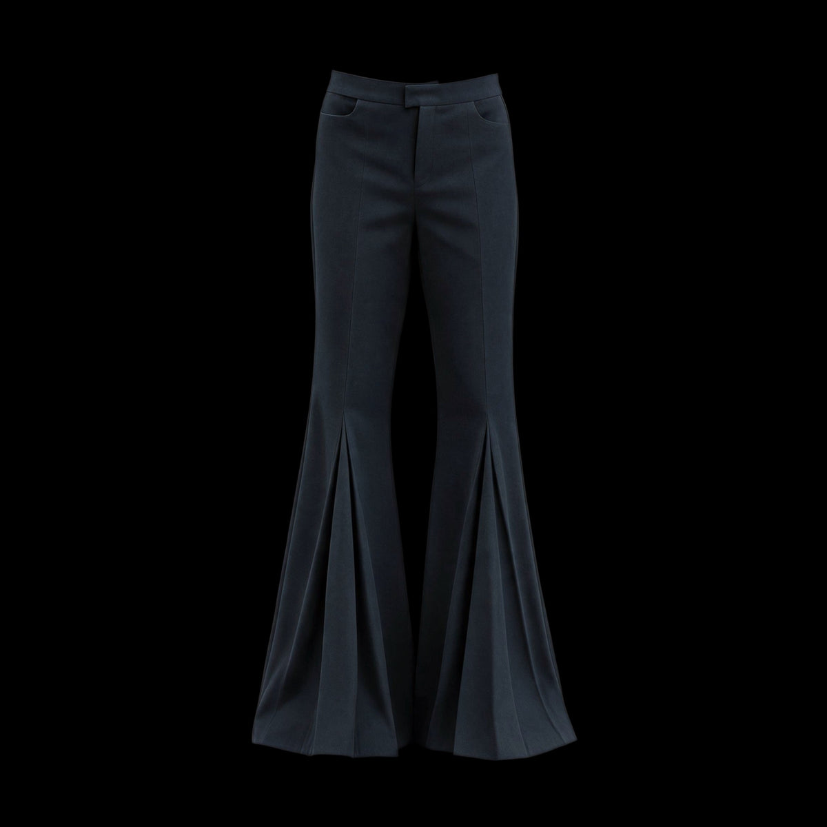 Deep black high waisted flared trousers, slim thigh and wide hem, front view