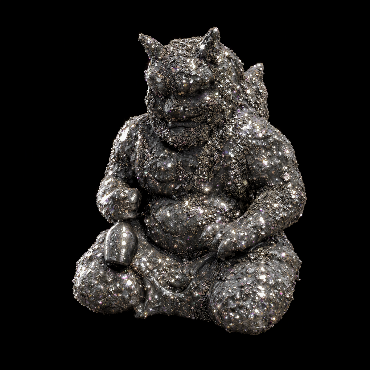 Pyrite covered seated demon sculpture facing forward on black, glittering mineral crust