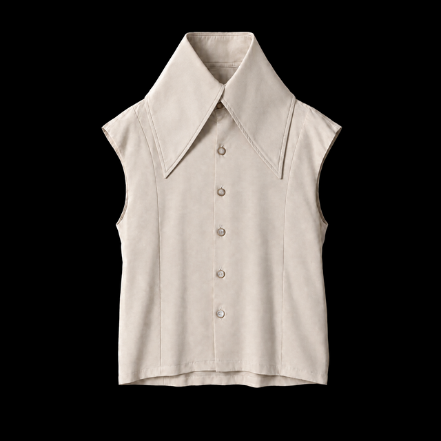 Cream sleeveless vest with an oversized pointed collar and five buttons, front view