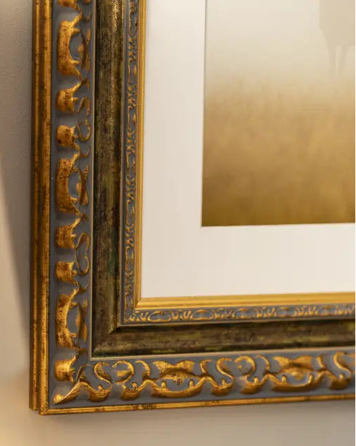 Decorative gold-framed picture on a wall with a soft light source.